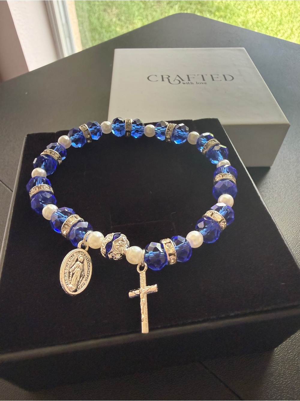 Women’s Blue Crystal Rosary Charm Bracelet Stretch One Size Virgin Mary Cross OS
